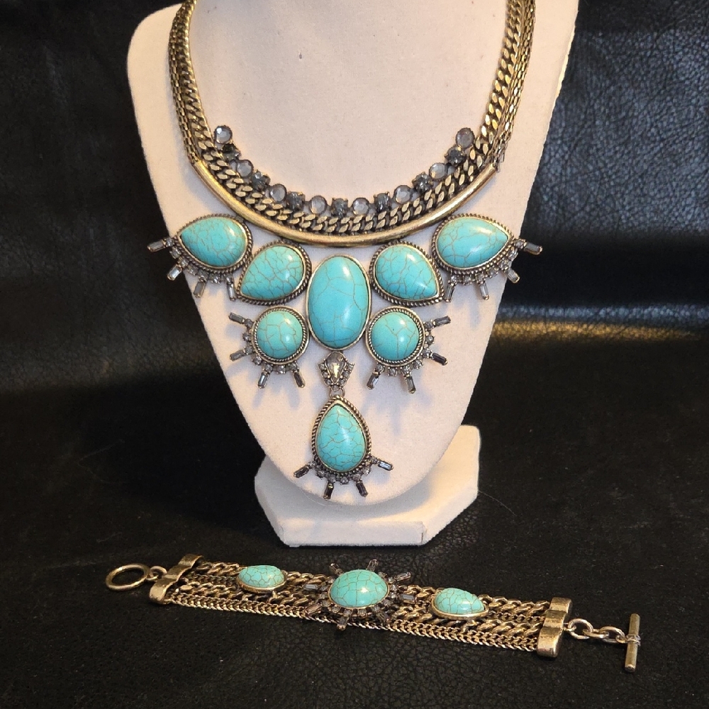 Guess Turquoise and Antique Gold Statement Necklace and Bracelet Set